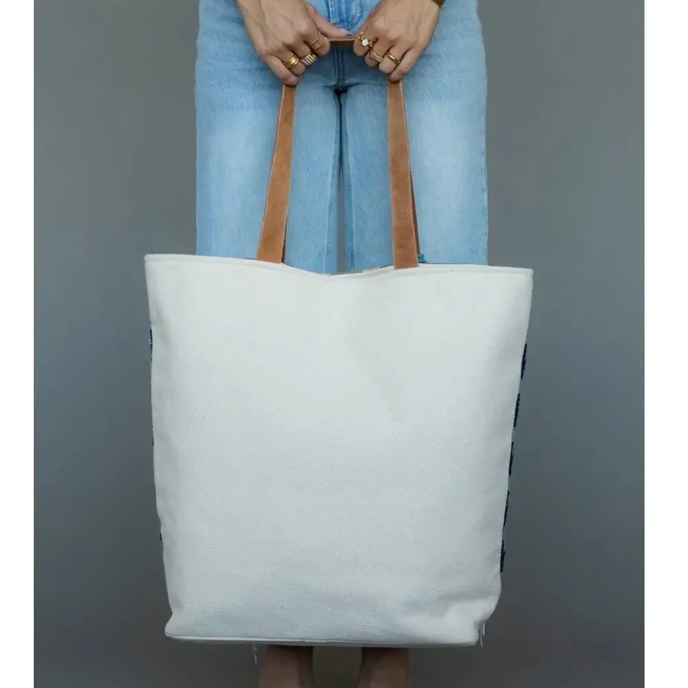 Light Blue, Cream & Tan Western Woven Cotton Tote Bag | Boho Pom Tassel Tote